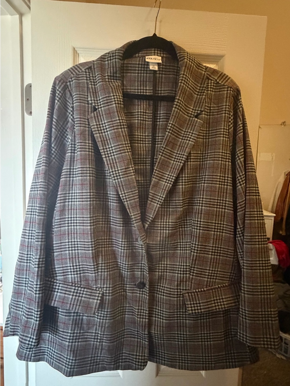 Ava & Viv Brown and Gray Plaid Single-Button Blazer